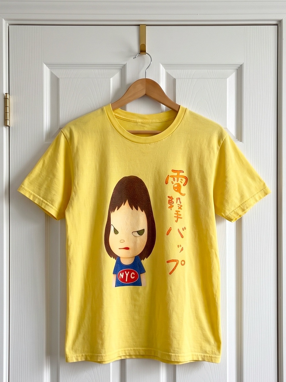 Yoshitomo Nara Angry Girl NYC Japanese Text Yellow T-Shirt